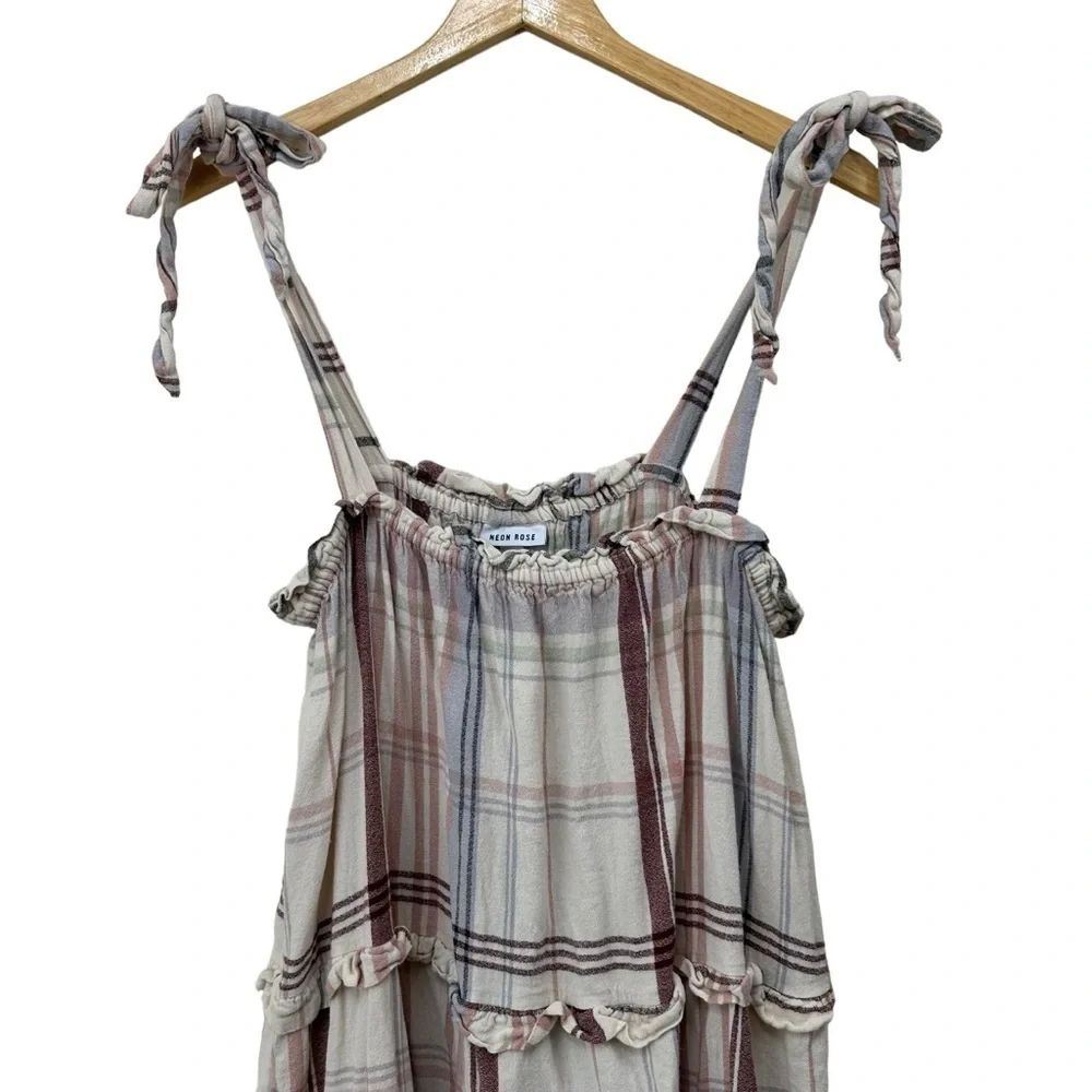 Cottagecore Tiered Smock Dress with Tie Shoulders, Creamy White Plaid, XL